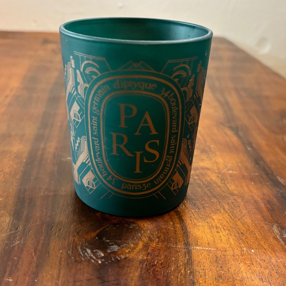 Diptyque Paris Empty Candle Jar Green Gold Architectural 3.5 Inch Glass Vessel
